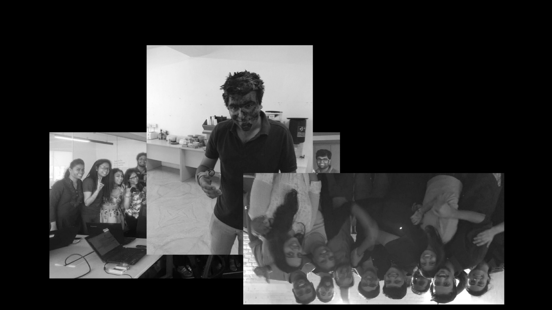 Collage of black-and-white photos on black