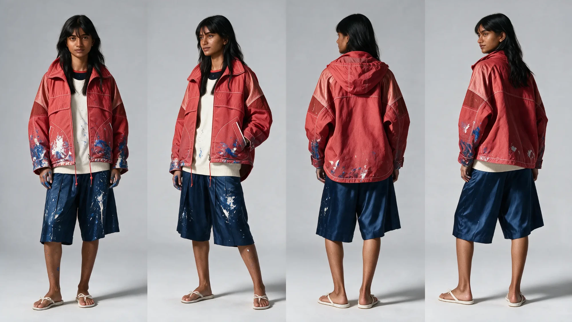 Character sheet: the painter from four angles in a paint-splashed red jacket and navy shorts