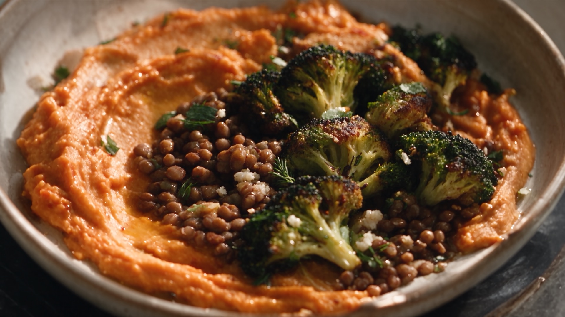 Built: roasted broccoli and lentils on red pepper purée