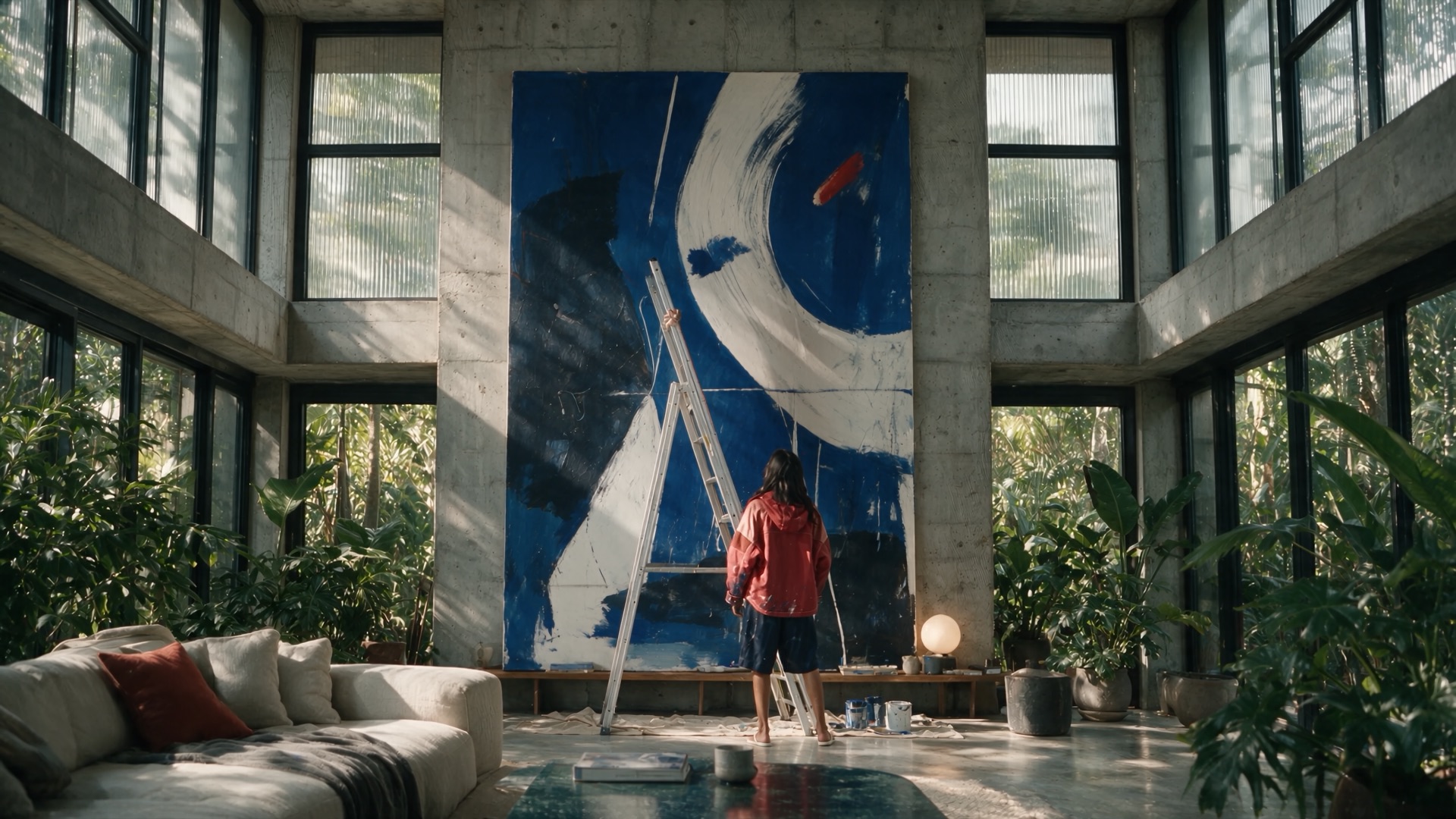 The finished painting fills the wall