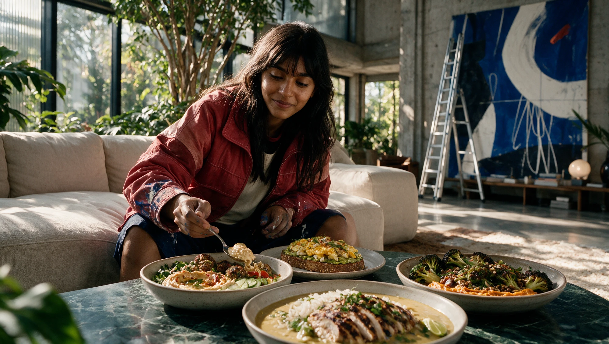 The painter at home: a concrete and glass house full of plants, her painting on the wall