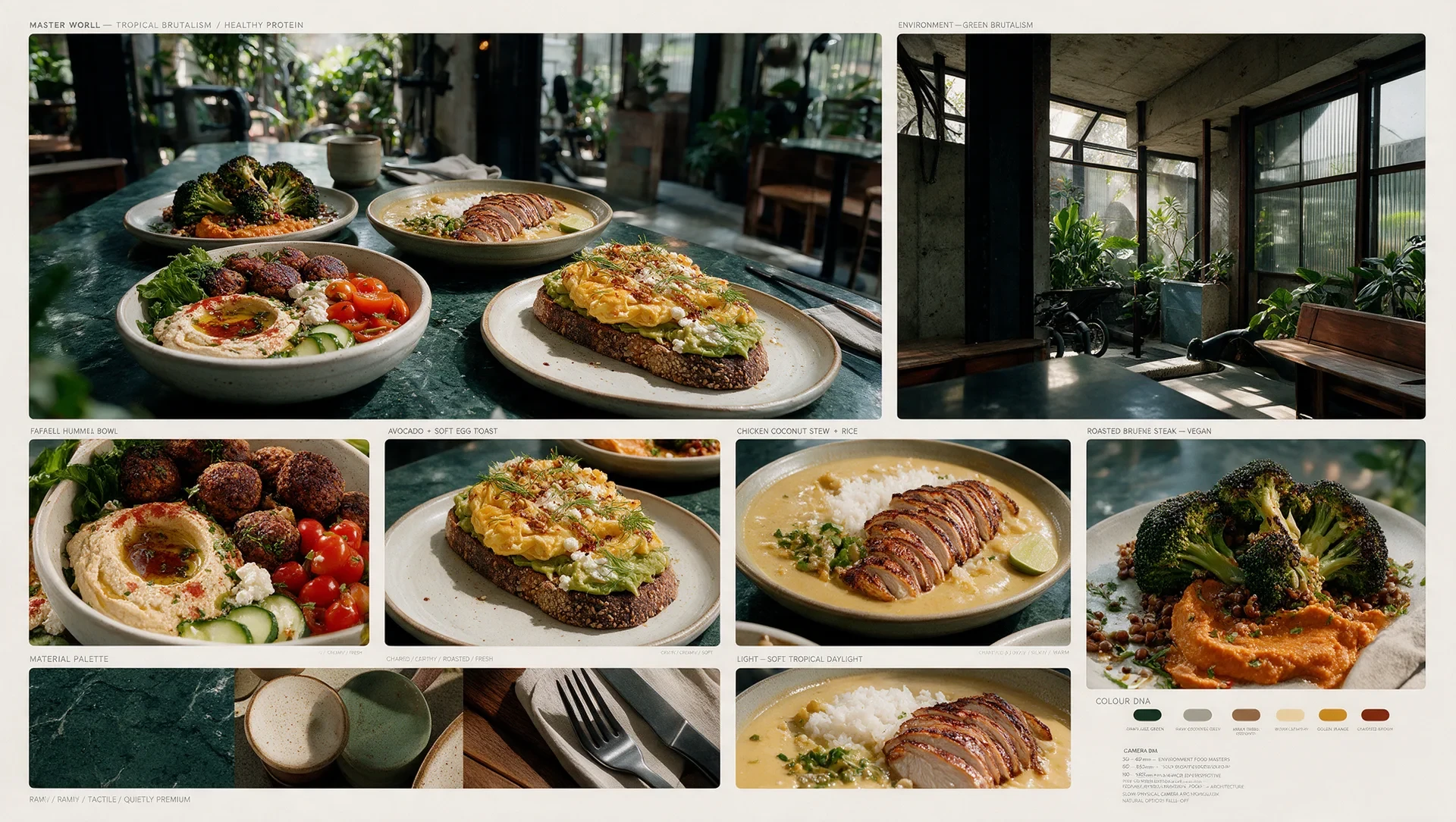 The master food board: the four hero dishes on the jade table, the green brutalist room, materials, daylight and colour