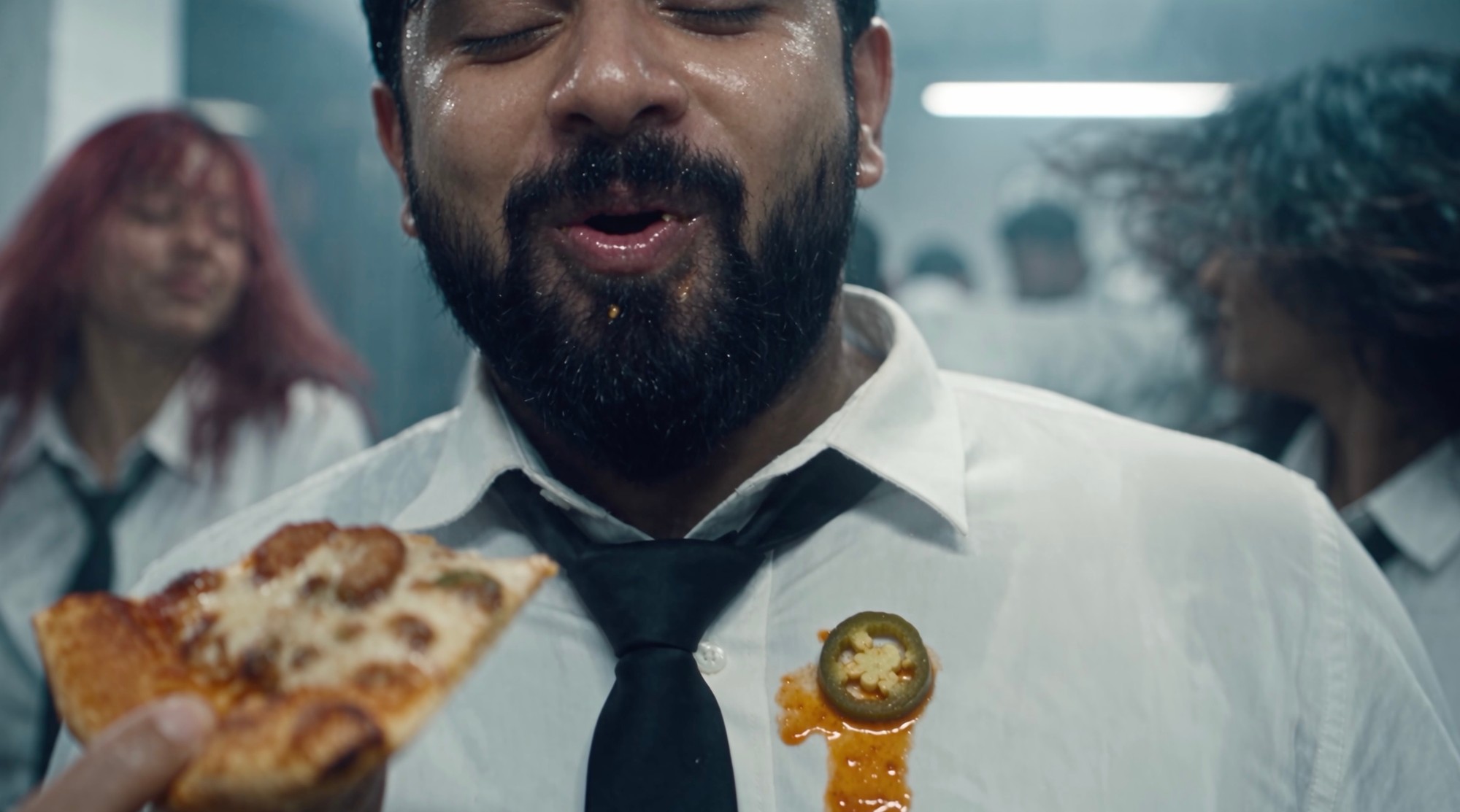 Pizza, and a jalapeño on a white shirt