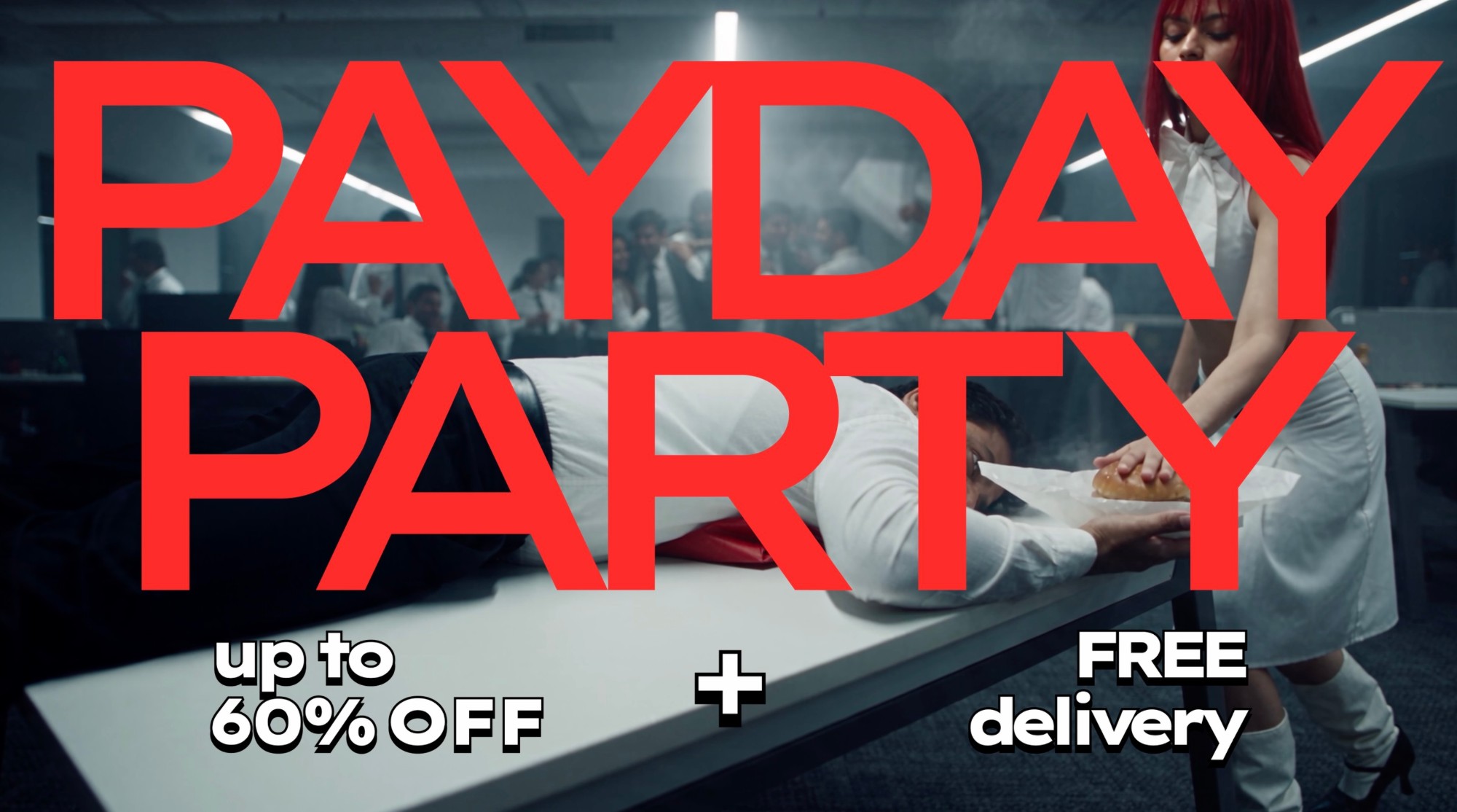 Payday Party end card: up to 60% off plus free delivery