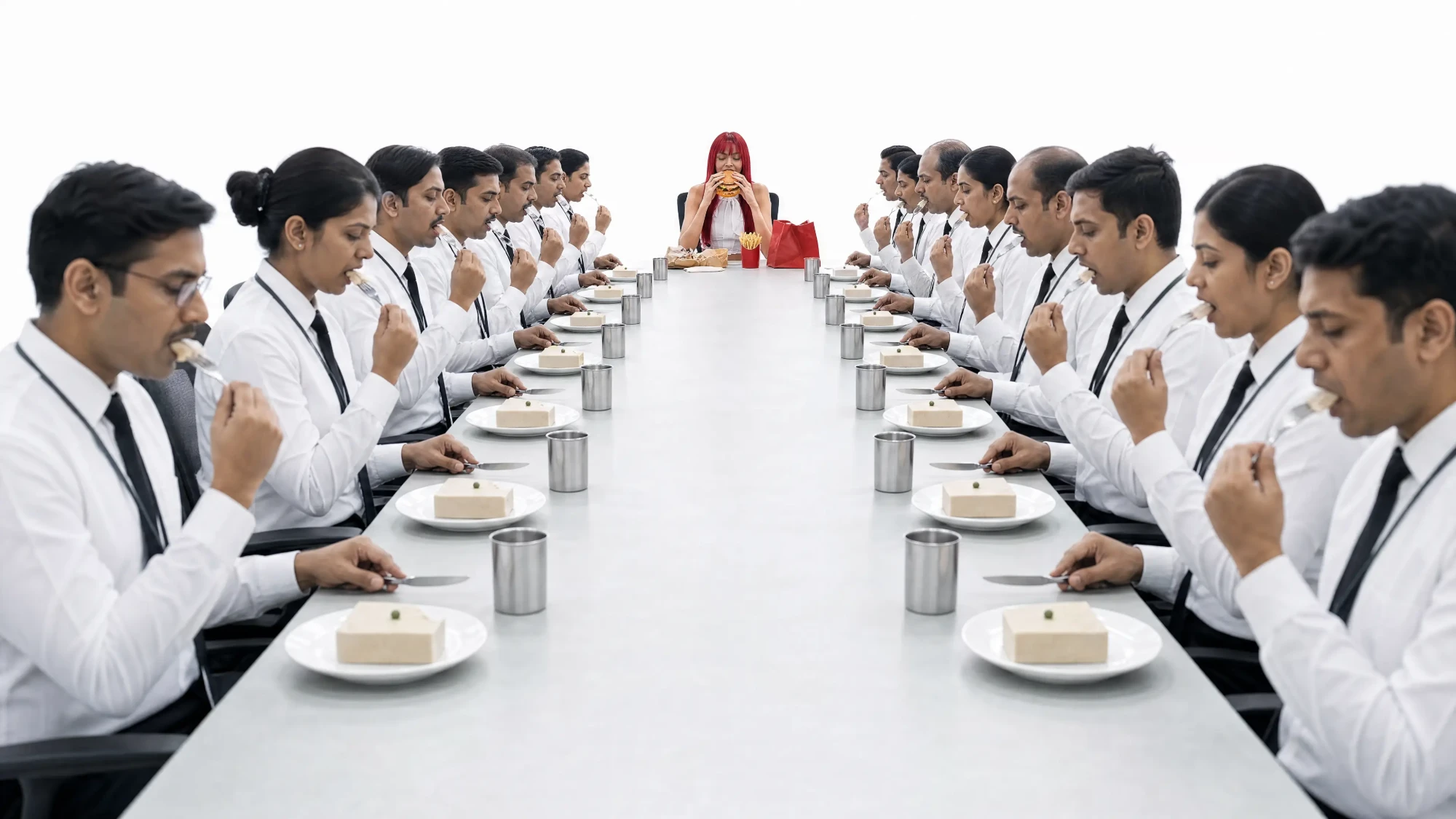 The row of sterility: identical office workers eating in sync, the red-haired hero at the head of the table