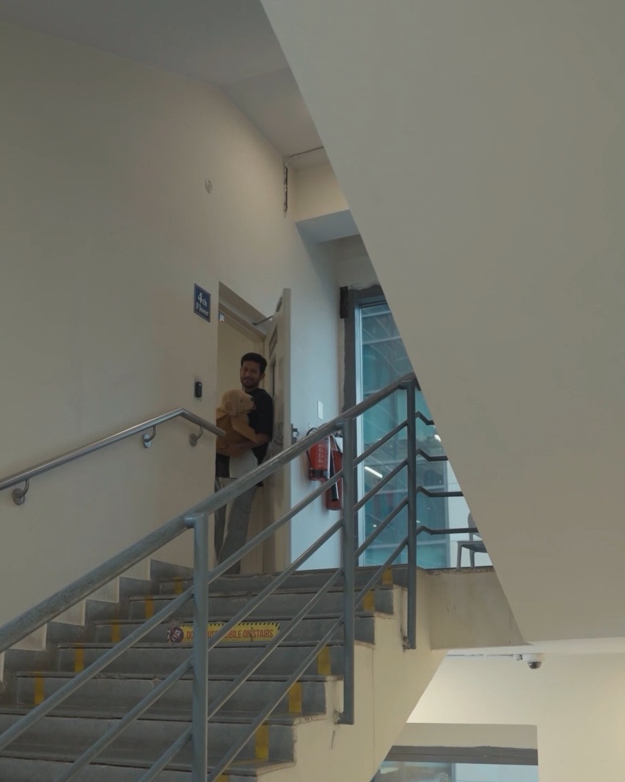 The stairwell, Rohan with the box at the top of the stairs