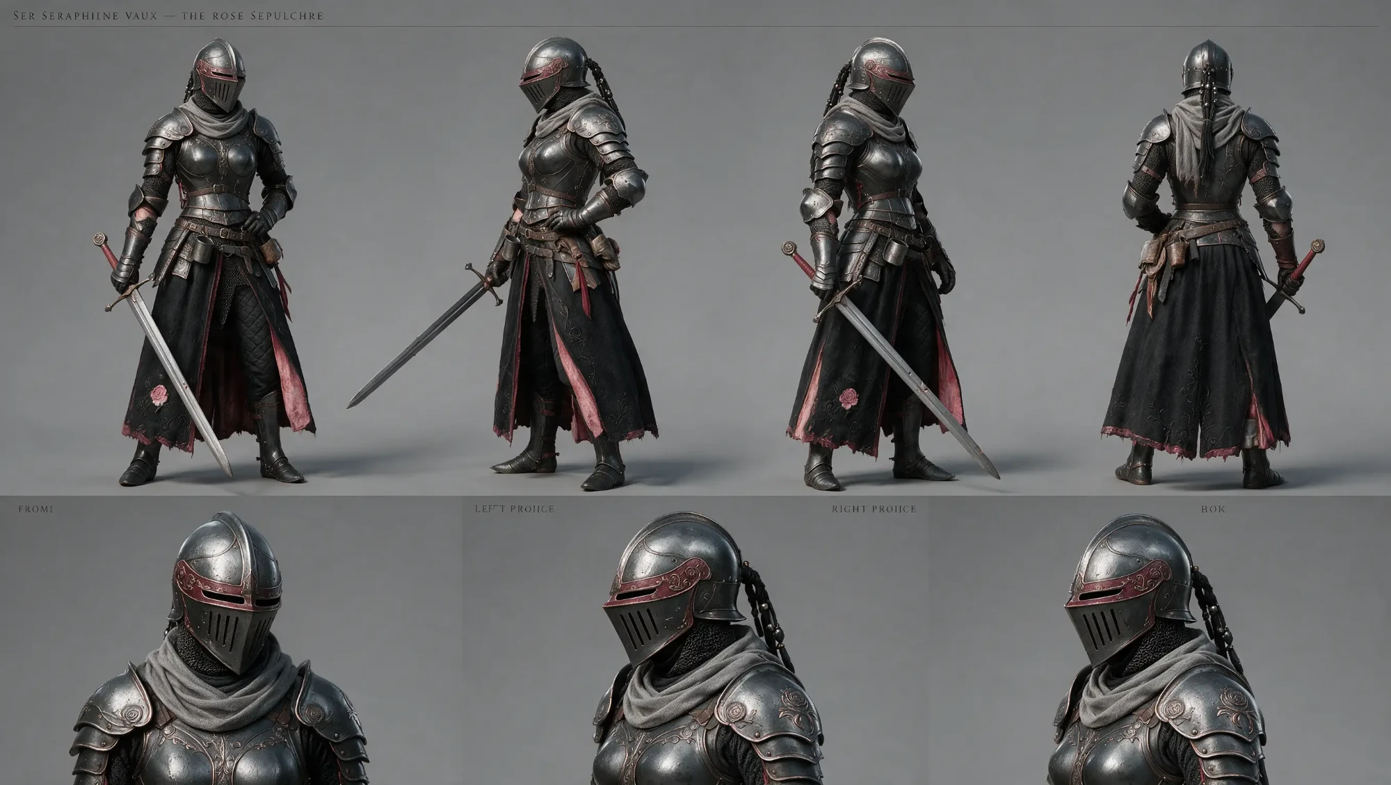 Sister · dark steel, rose trim, character sheet