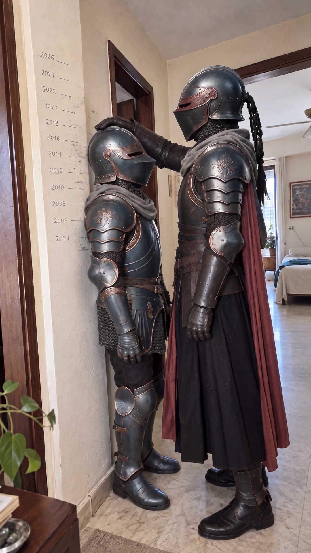 Start frame: the height marks in the hallway