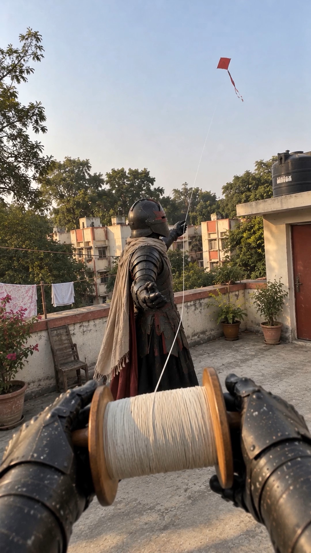 Start frame: the kite spool on the roof