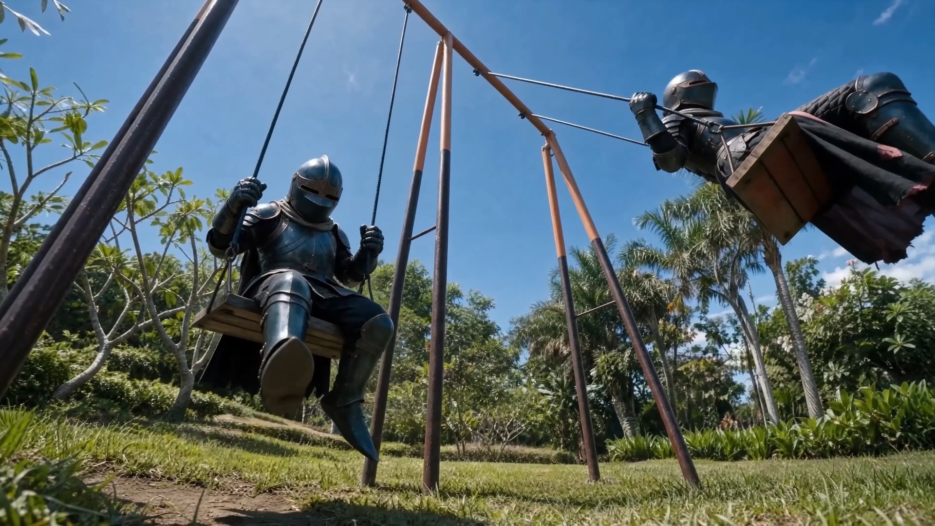 Two children in suits of armour on a swing set
