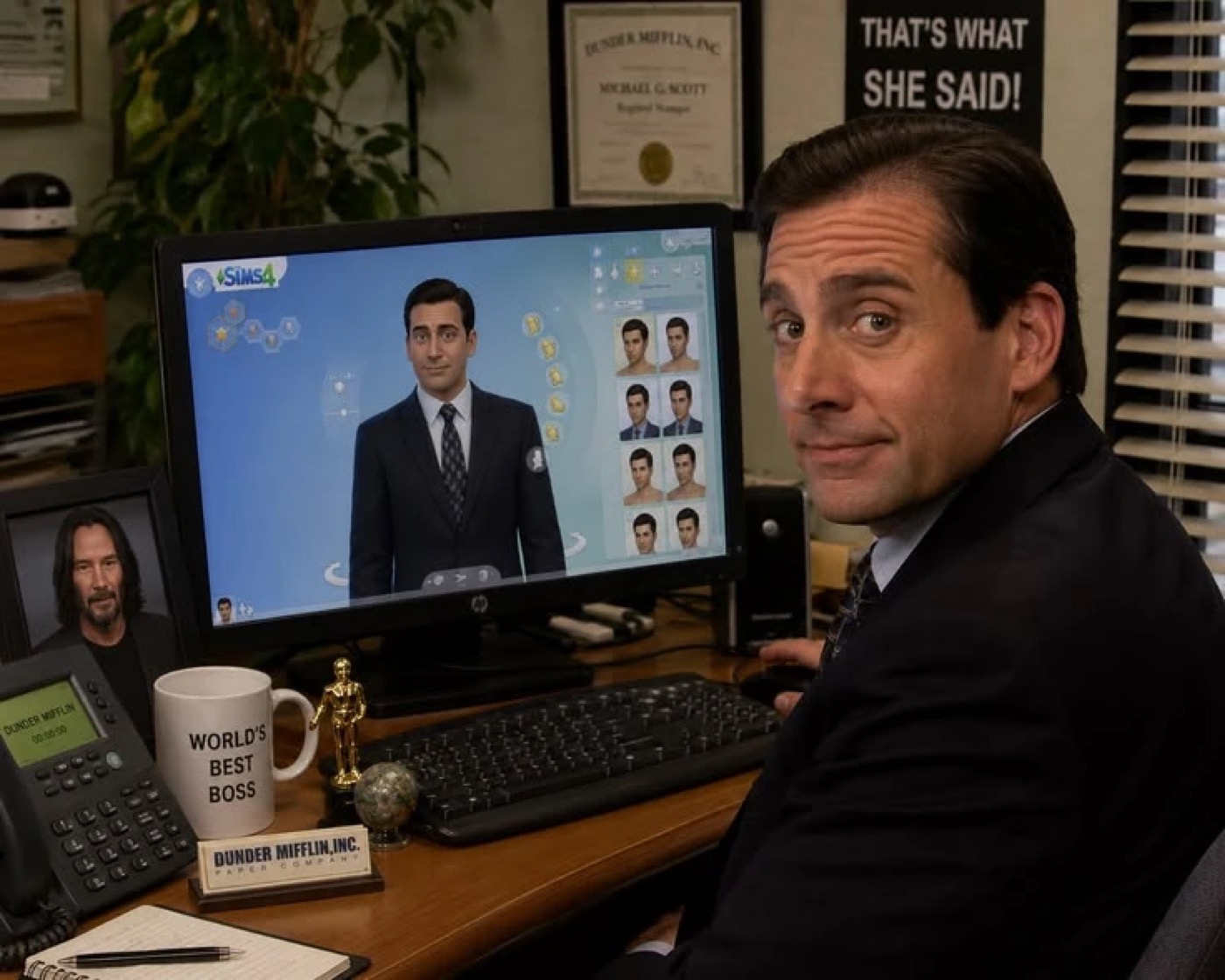The Office: Michael at his desk, looking to camera
